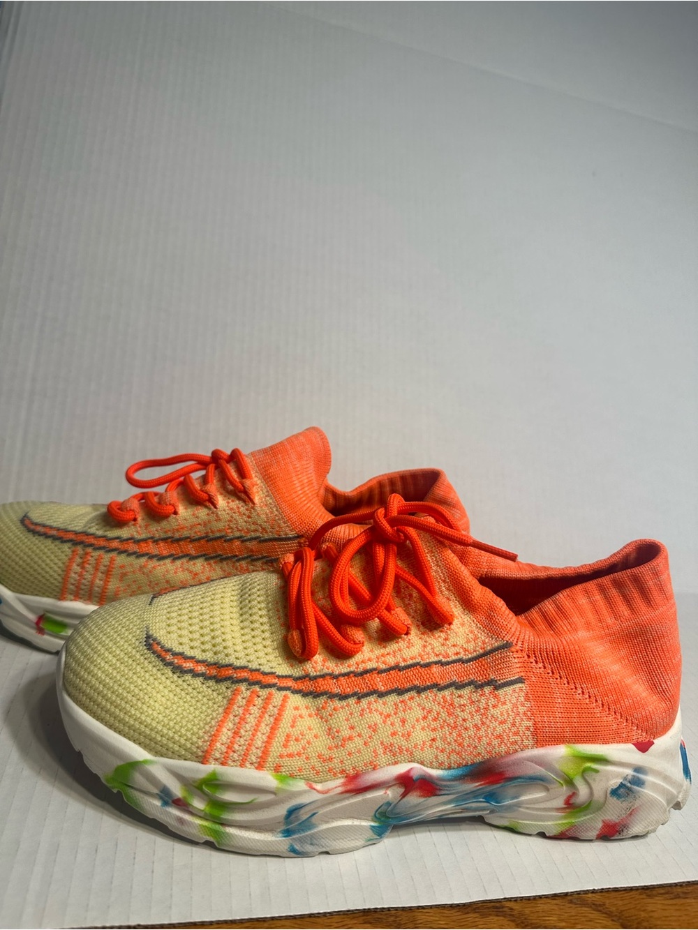 Neon Orange and Lemon Knit Women's Athletic Sneakers - Picture 9 of 13